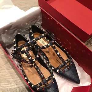 Valentino Rockstud Flats in Navy